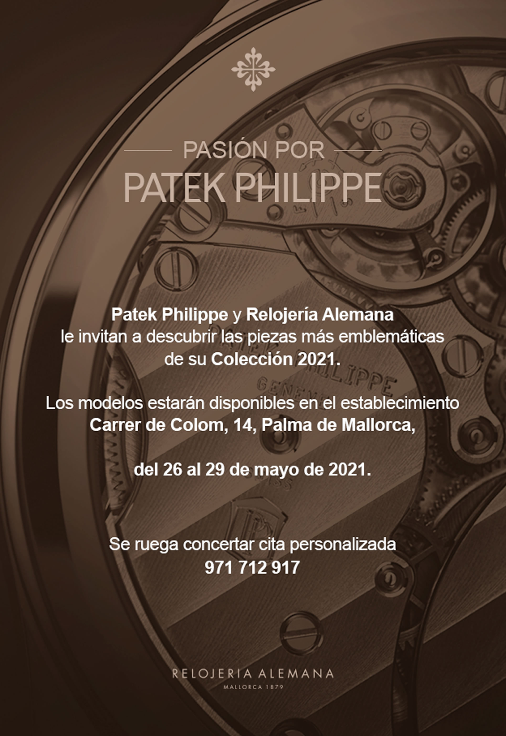 Invitación al evento de Patek Philippe 2021 en la tienda de Relojería Alemana en Colón