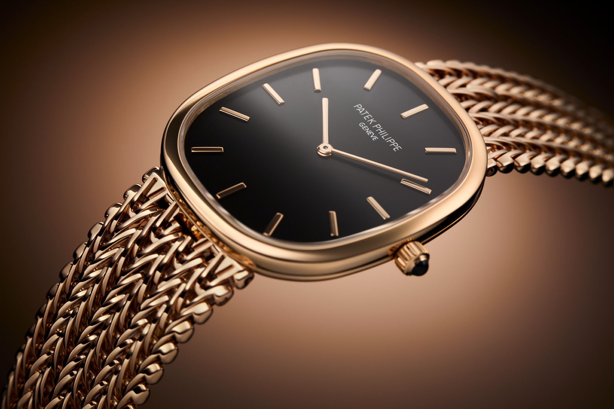 Golden Ellipse watch with a black dial and a metal bracelet with rose gold chain links