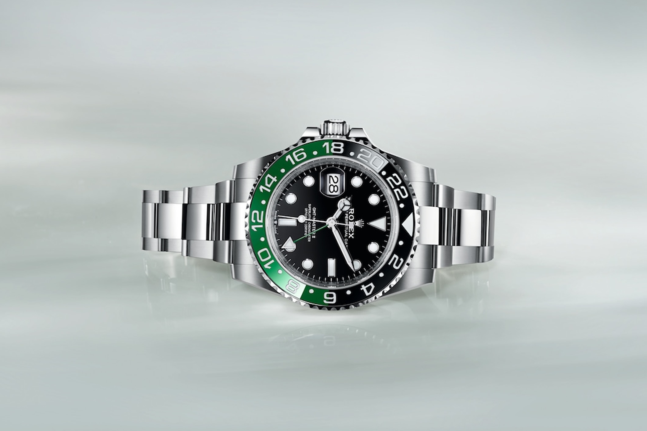 New Rolex GMT-Master II 2022 with green and black bezel and crown on the left