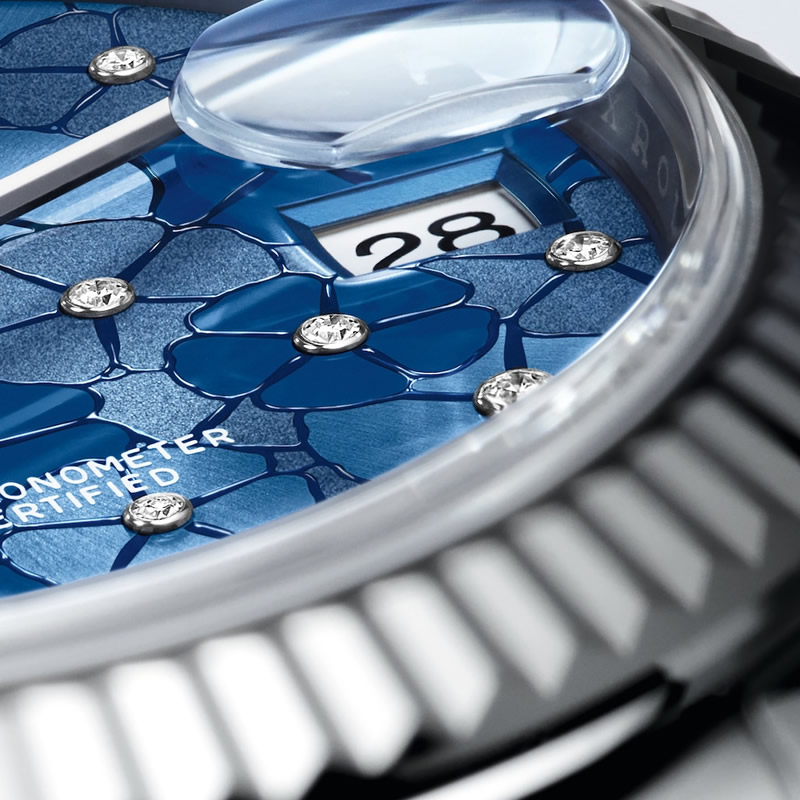New Rolex Datejust 31 2022 with azzuro blue flower motif dial with diamonds