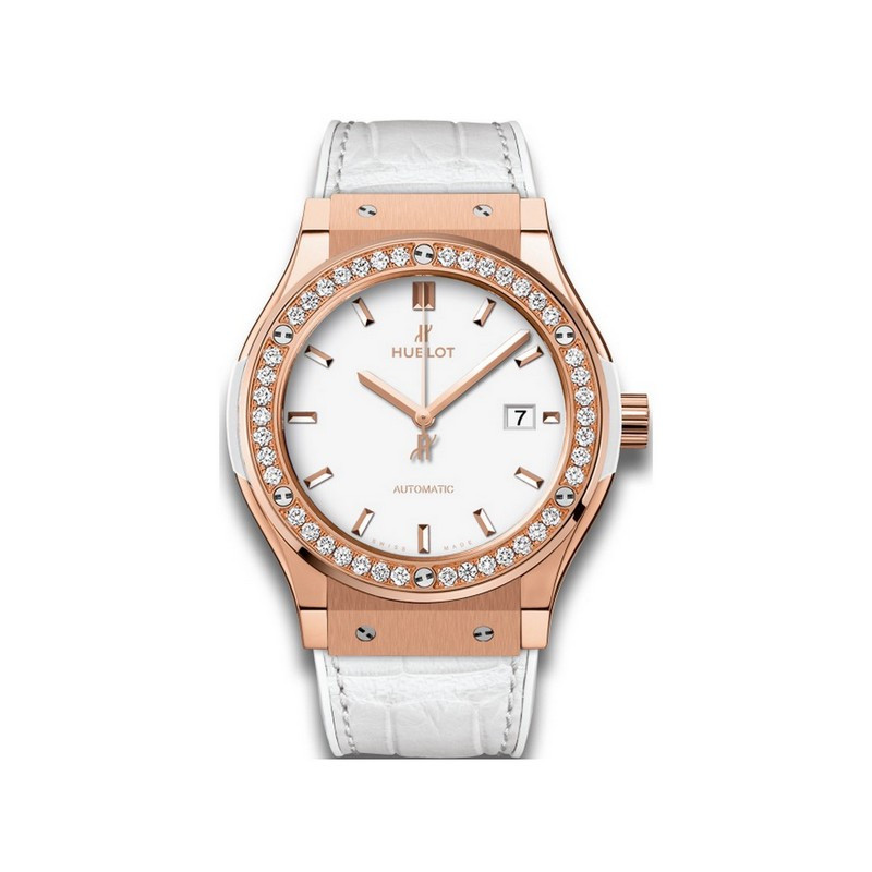 Hublot Classic Fusion watch in rose gold with brilliant-cut diamonds on the bezel