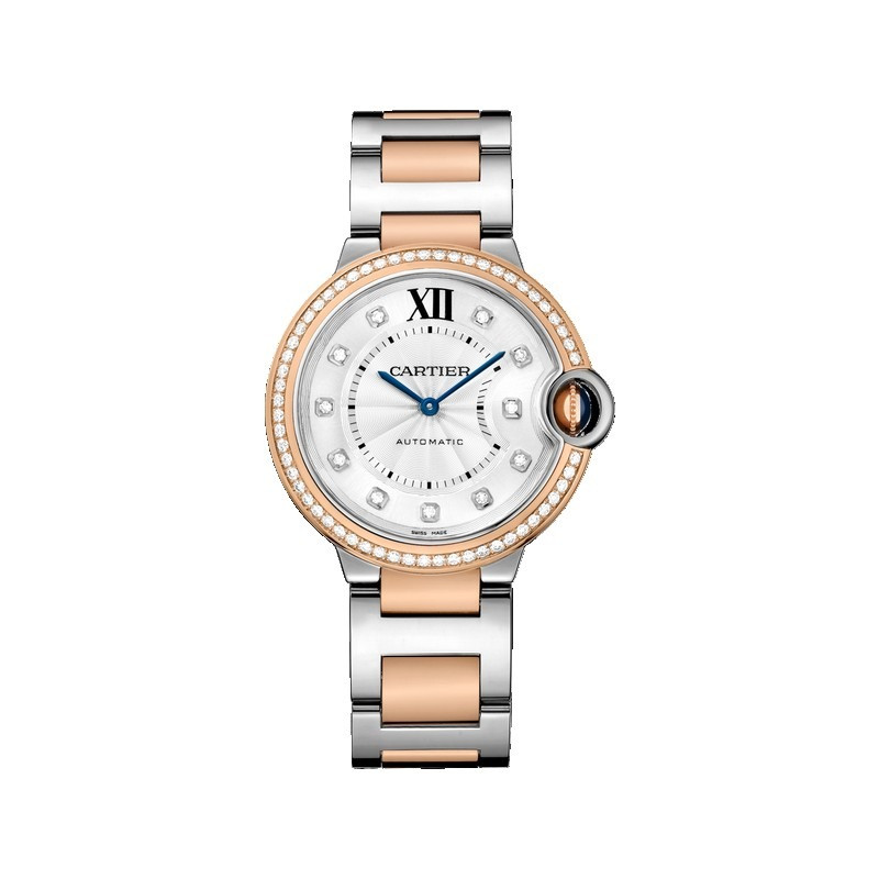 Cartier Ballon Bleu watch in steel and rose gold with brilliant-cut diamonds on the bezel