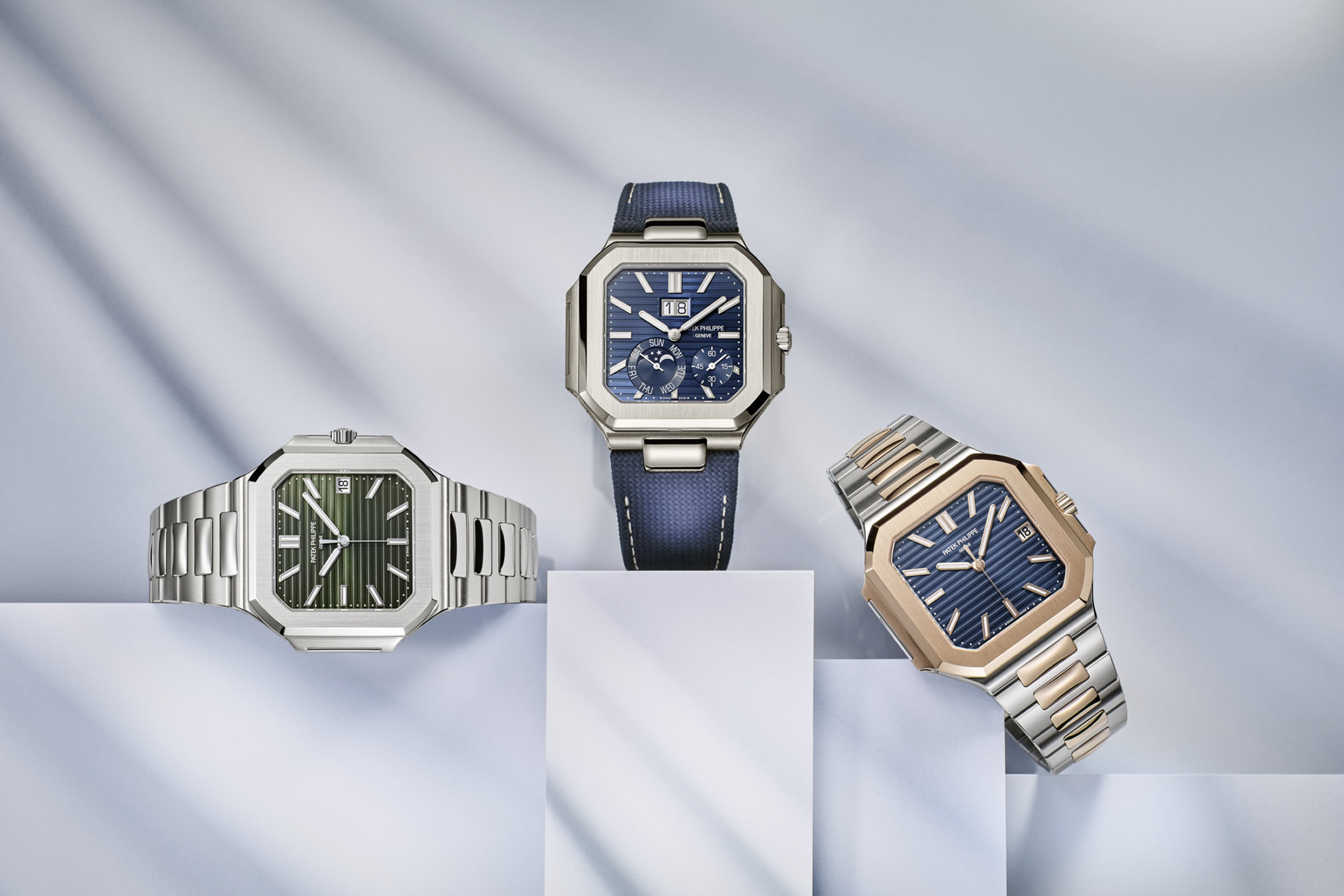 The three watches in the Cubitus collection by Patek Philippe, in platinum, steel and steel with rose gold