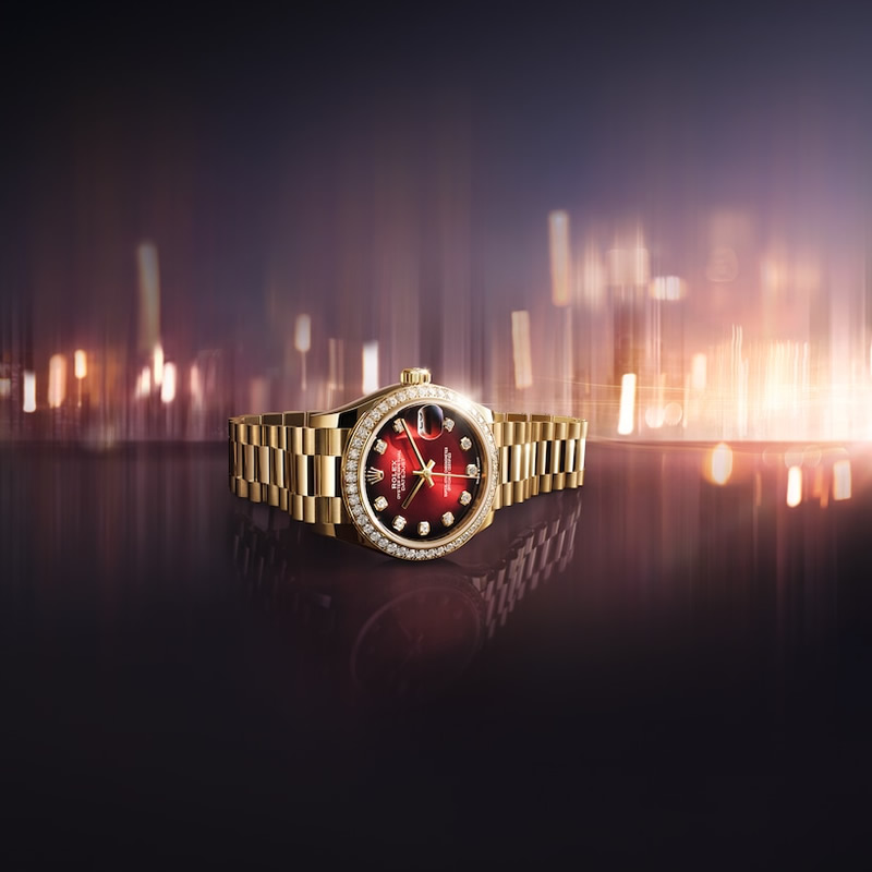 Esfera roja con degradado y diamantes del Rolex Datejust 31 en oro amarillo