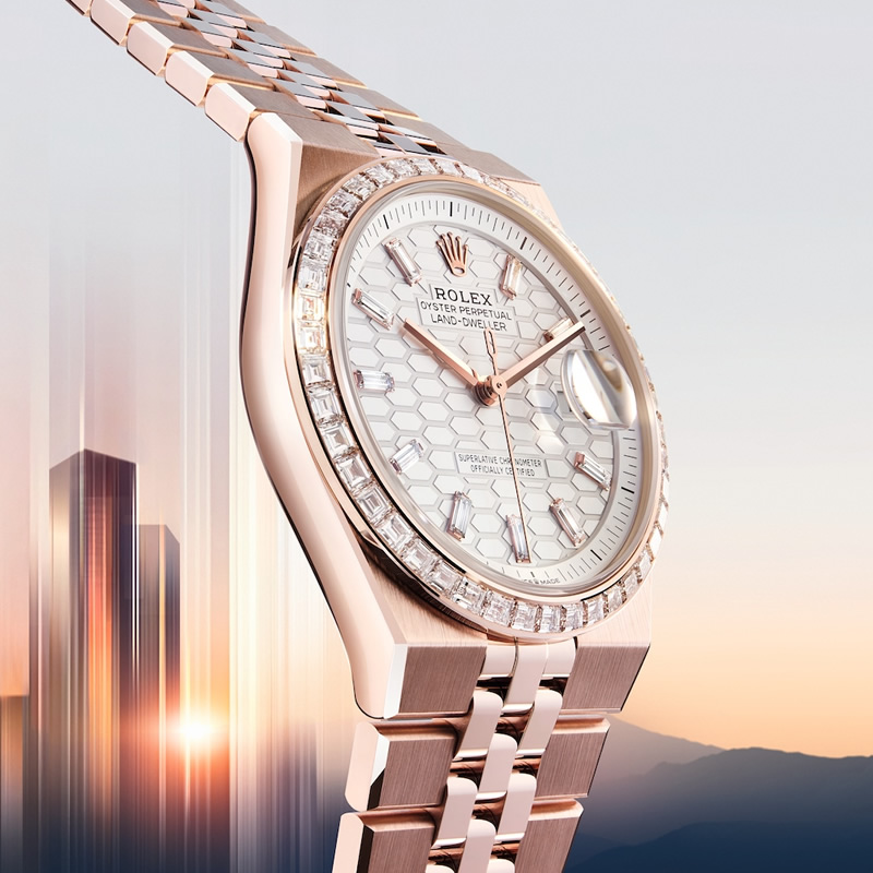 Rolex Land-Dweller 36 mm en oro Everose con esfera de motivo nido de abeja y bisel con diamantes
