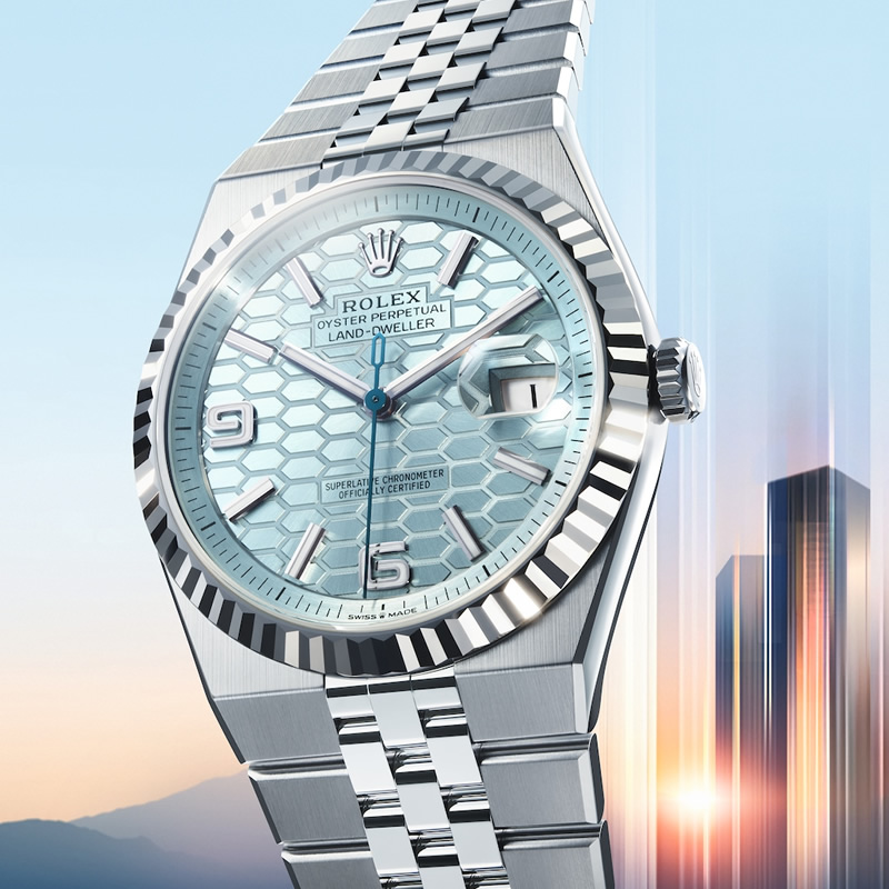 Rolex Land-Dweller 40 mm en platino con esfera azul glaciar y motivo nido de abeja