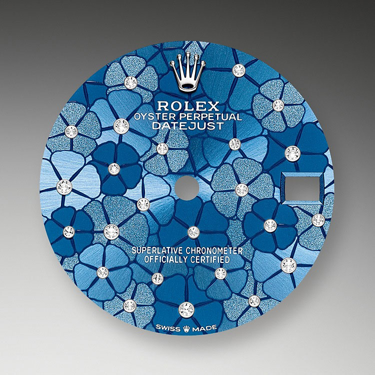 Esfera azul azzurro, motivo floral, engastada de diamantes Rolex Datejust 31 en Relojería Alemana