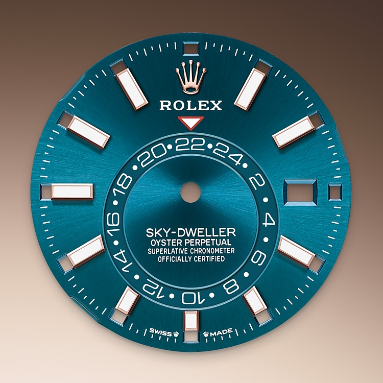 Escala taquimétricar Rolex Sky-Dweller oro Everose y esfera color Azul-verde en Relojería Alemana
