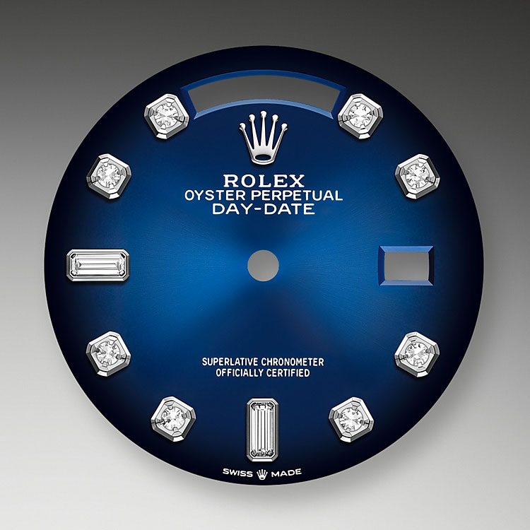 Dial Shaded blue set with diamonds Rolex Day-Date 36 in Relojería Alemana