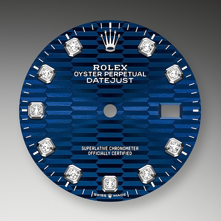 Esfera Rolex Datejust 36 acero Oystersteel, oro blanco y esfera azul vivo, motivo «acanalado», engastada de diamantes en Relojería Alemana