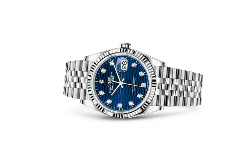 Rolex watch Datejust 36 Oystersteel, white gold and Bright blue, fluted motif set with diamonds in Relojería Alemana in Mallorca