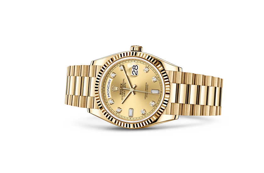 Rolex Day-Date 36 yellow gold and champagne-colour dial set with diamonds in Relojería Alemana 