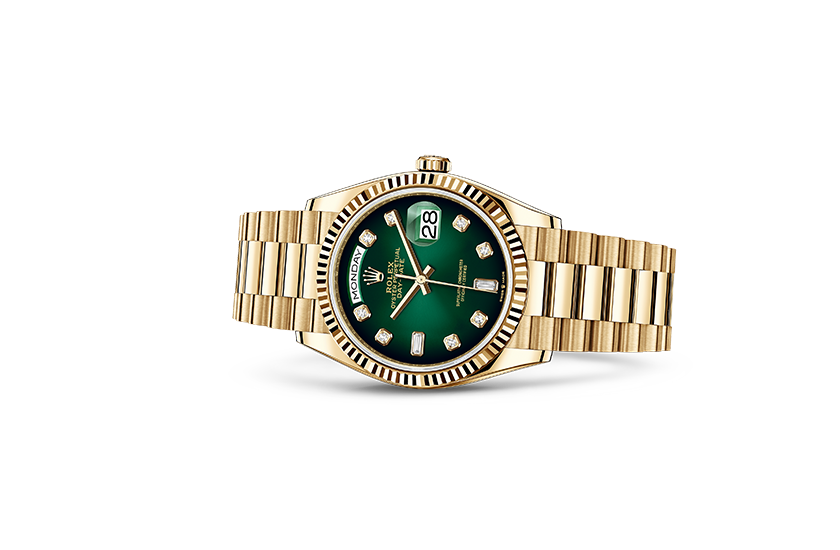  Rolex Day-Date 36 oro amarillo y esfera verde sombreado engastada de diamantes en Relojería Alemana 