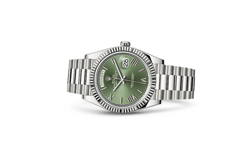 Reloj Rolex Day-Date 40 oro blanco y esfera verde oliva en Relojería Alemana 