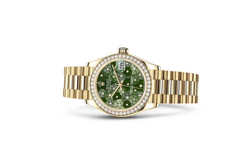 Reloj Rolex Datejust 31  de oro amarillo, diamantes y esfera verde oliva, motivo floral, engastada de diamantes  Relojería Alemana en Mallorca