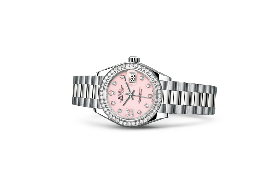 Reloj Rolex Lady-Datejust de oro blanco, diamantes y esfera de ópalo rosa engastada de diamantes en Relojería Alemana