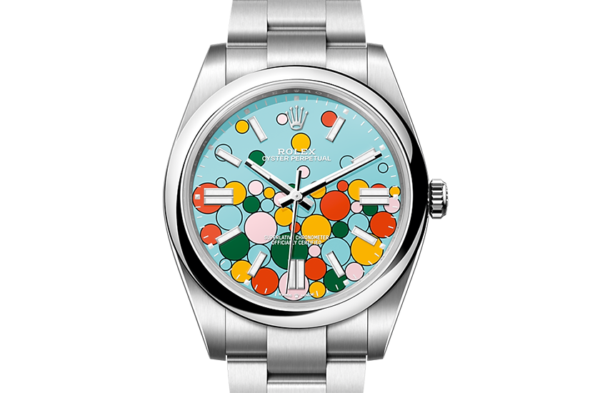Rolex Oyster Perpetual Oystersteel and TURQUOISE BLUE DIAL, Celebration motif in Relojería Alemana
