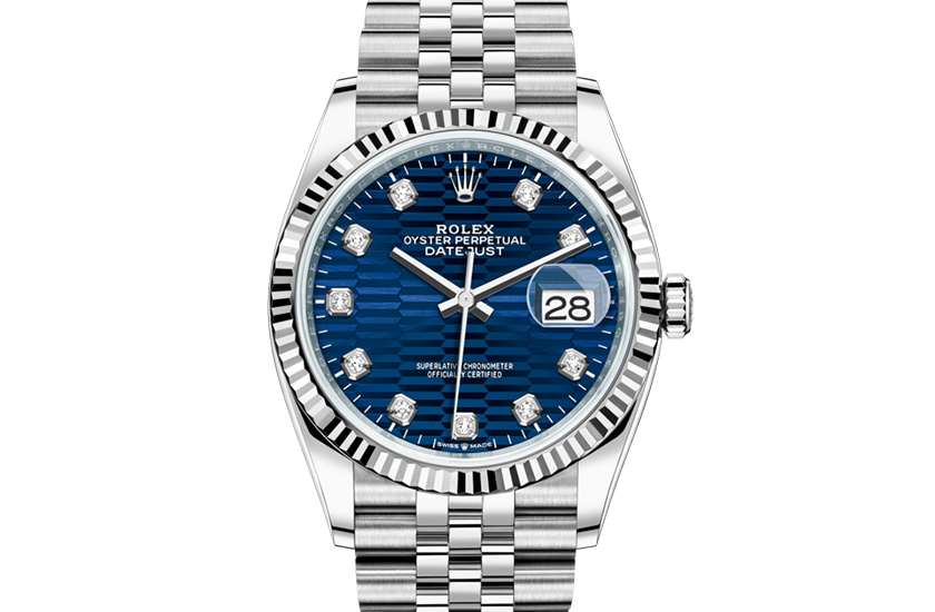 Rolex watch Datejust 36 Oystersteel, white gold and Bright blue, fluted motif set with diamonds in Relojería Alemana in Mallorca