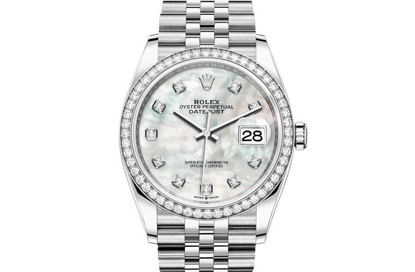 Reloj Rolex Datejust 36 acero Oystersteel, oro blanco, diamantes y esfera de nácar blanco engastada de diamantes en Relojería Alemana en Mallorca
