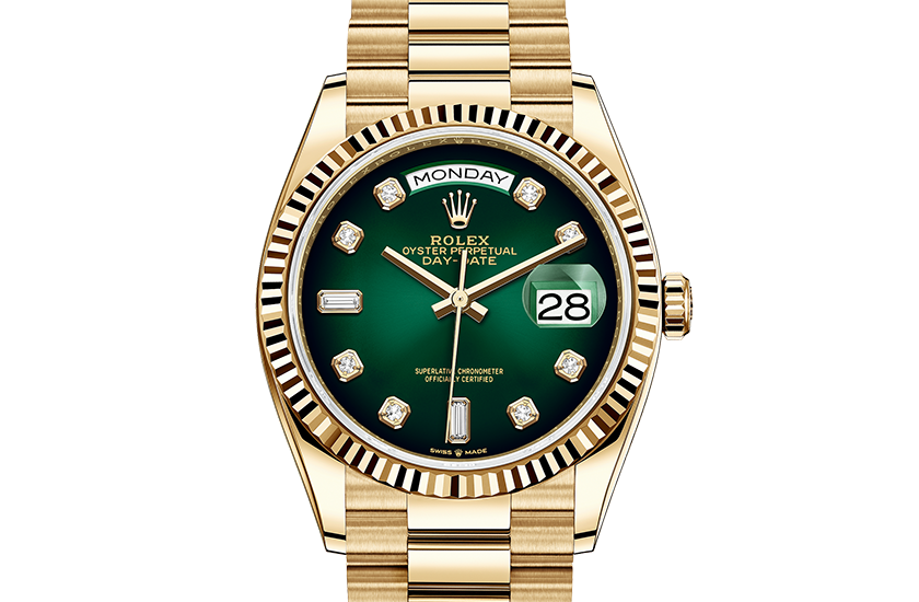 Rolex Day-Date 36  yellow gold and Shaded Green Dial set with diamonds in Relojería Alemana 