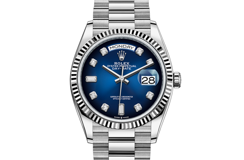 Rolex Day-Date 36 white gold and Blue ombré set with diamonds dial in Relojería Alemana 