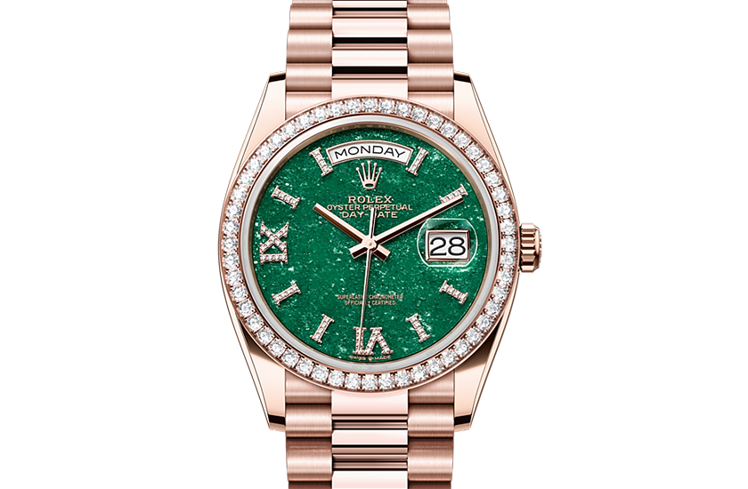 Rolex Day-Date white gold and green aventurina dial set with diamonds in Relojería Alemana