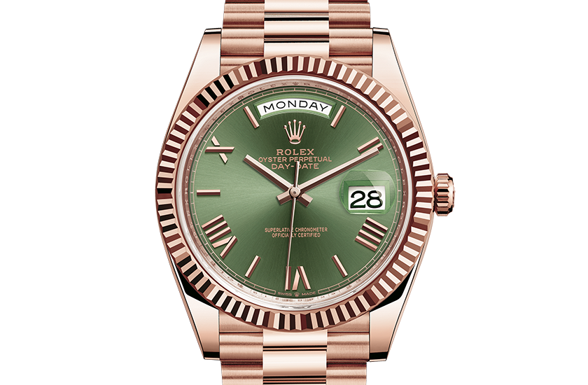 Rolex Day-Date 40 Everose gold and Olive Green Dial in Relojería Alemana 