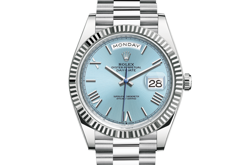 Rolex Day-Date 40 platinum and blue dial glaciar in Relojería Alemana 