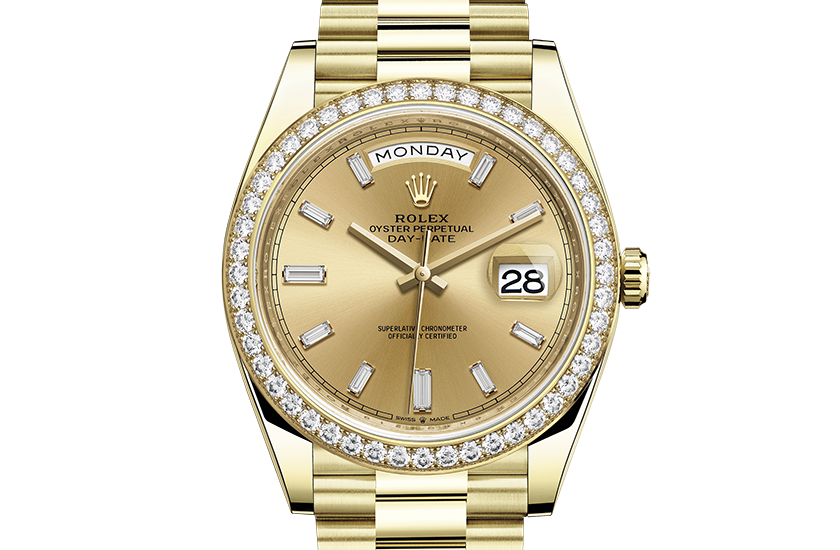 Rolex Day-Date 40 yellow gold, diamonds and champagne dial in Relojería Alemana 