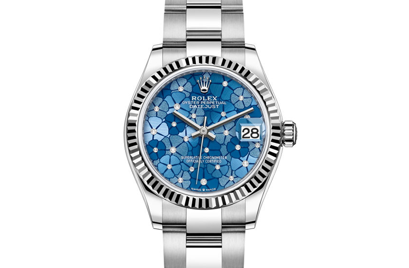 Rolex watch Datejust 31 azzurro blue dial, floral motif, set with diamonds Relojería Alemana in Mallorca