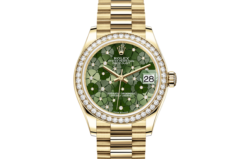 Reloj Rolex Datejust 31 de oro amarillo, diamantes y esfera verde oliva, motivo floral, engastada de diamantes  de Relojería Alemana 