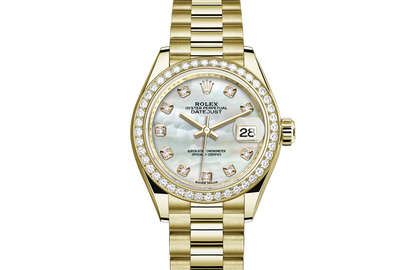 Rolex Lady-Datejust de oro amarillo, diamantes y esfera de nácar blanco engastada de diamantes en Relojería Alemana
