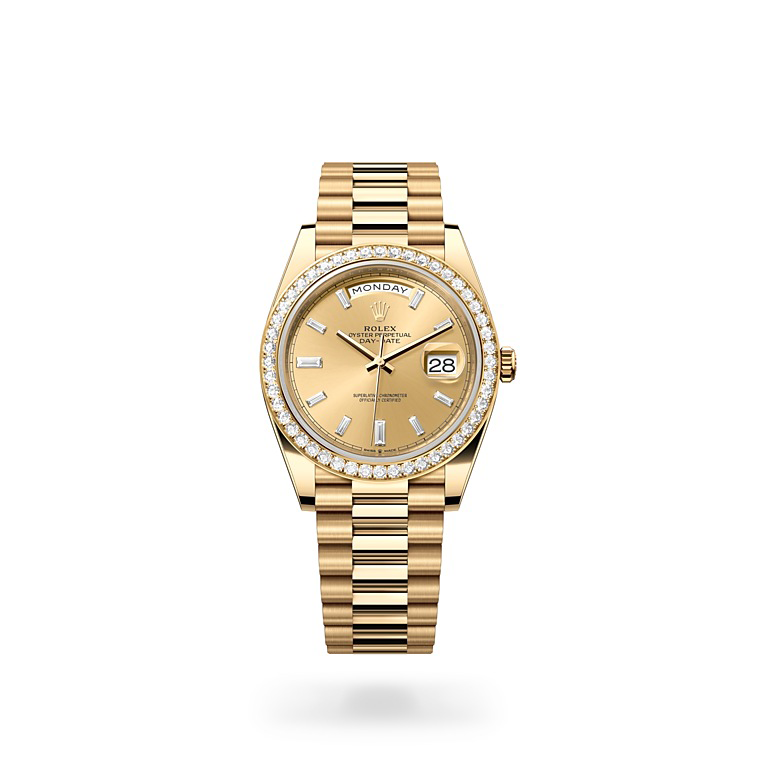 Rolex Day-Date 40 Oyster, 40 mm, oro amarillo y diamantes en Relojería Alemana