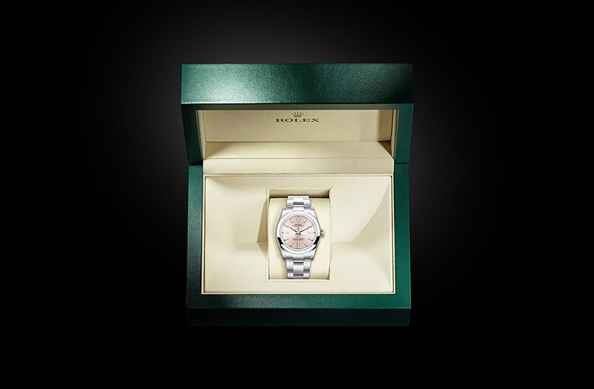 Estuche Reloj Rolex Oyster Perpetual 34 acero Oystersteel y esfera rosa Relojería Alemana
