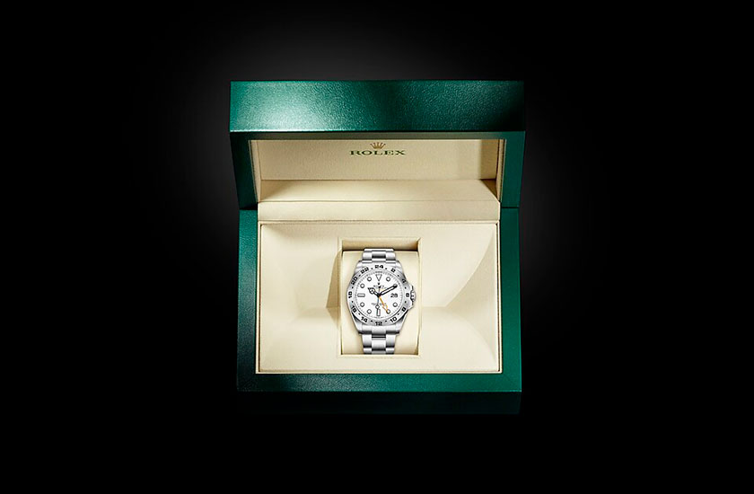 Estuche reloj Rolex Explorer II de acero Oystersteel y esfera blanca en Relojería Alemana