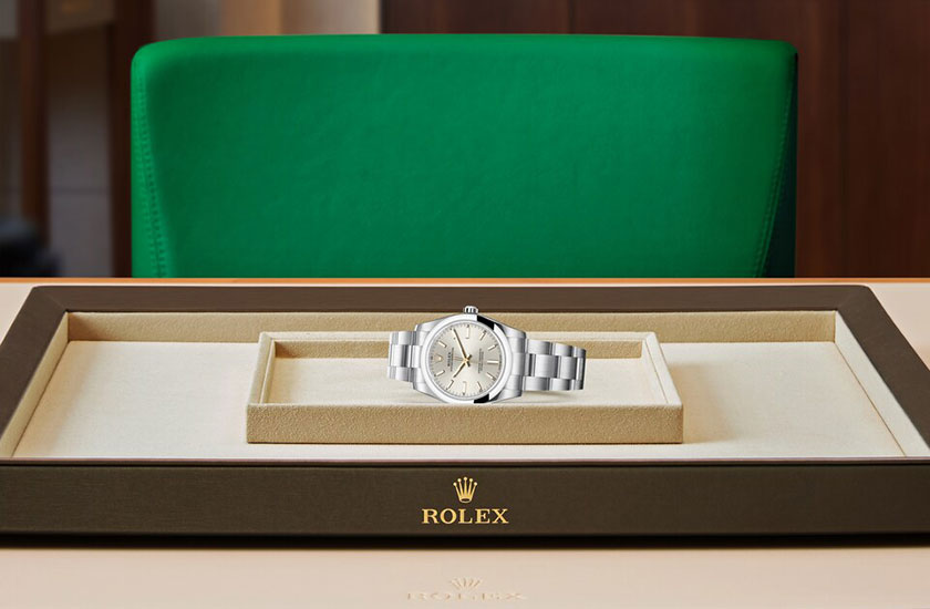 Rolex watch Oyster Perpetual 34 Oystersteel and silver dial watchdesk in Relojería Alemana