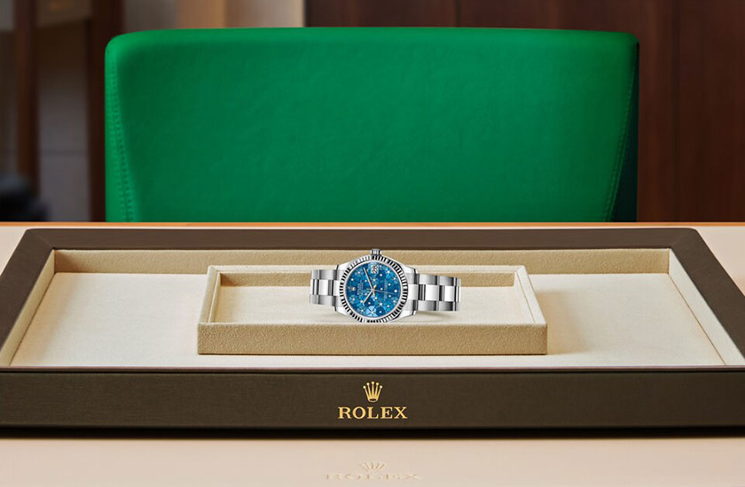 Rolex watch Datejust 31 azzurro blue dial, floral motif, set with diamonds watchdesk in Relojería Alemana