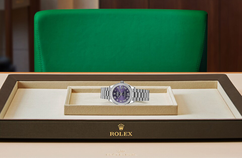 Rolex watch Datejust 31  white gold and diamonds and  Aubergine dial set with diamonds watchdesk in Relojería Alemana