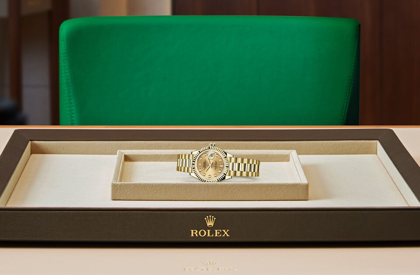 Presentation reloj Rolex Lady-Datejust yellow gold and champagne-colour dial set with diamonds in Relojería Alemana