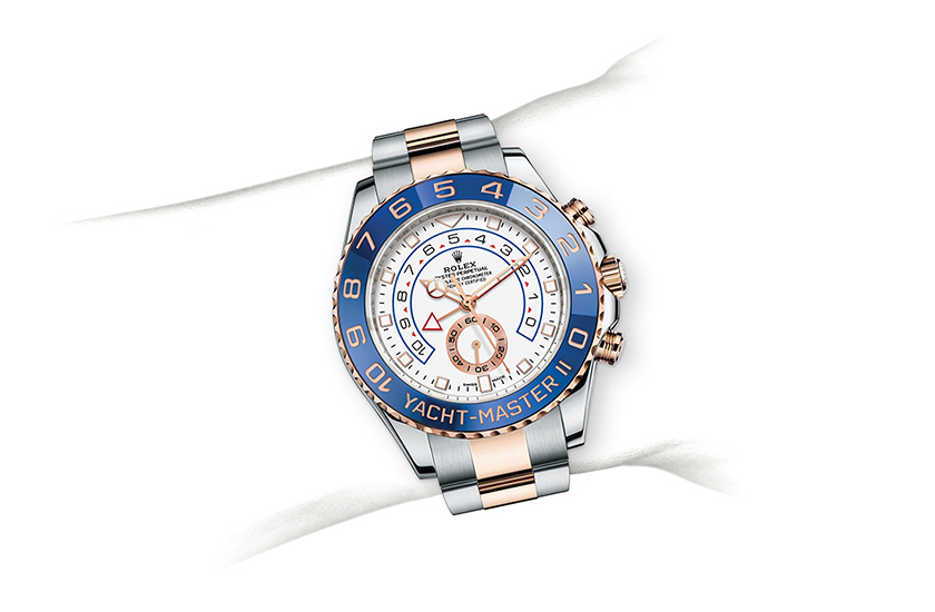 Simulation wrist  el reloj Rolex Yacht-Master II Oystersteel and Everose gold and White Dial in Relojería Alemana