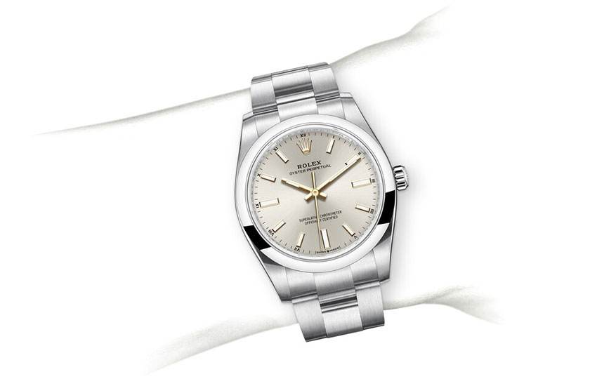 Simulation wrist Rolex Oyster Perpetual 34 Oystersteel and silver dial in Relojería Alemana
