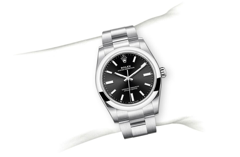 Simulation wrist Rolex Oyster Perpetual 34 Oystersteel and Bright black dial in Relojería Alemana