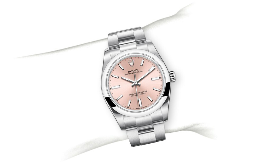 Simulation wrist Rolex Oyster Perpetual 34 Oystersteel and pink dial in Relojería Alemana