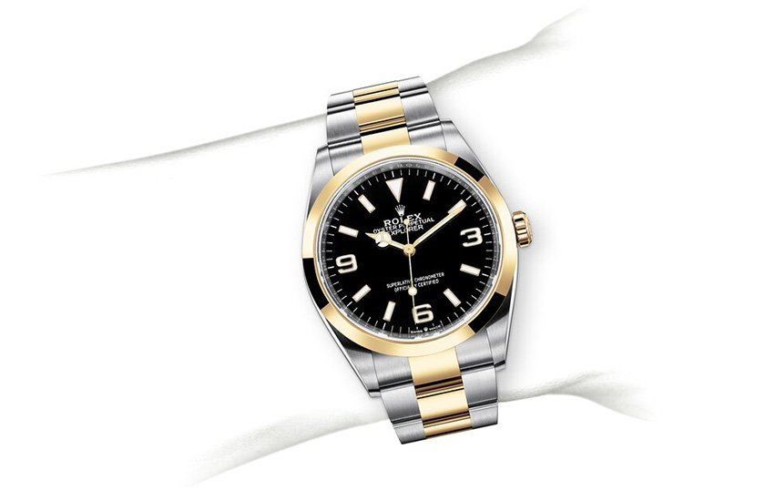 Simulation wrist Rolex watch Explorer Oystersteel, yellow gold and Black Dial in Relojería Alemana
