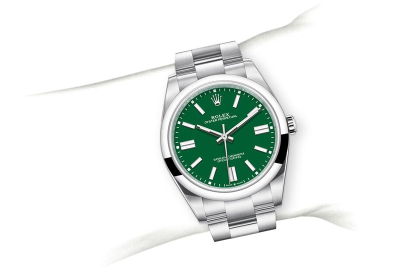 Simulation wrist Rolex Oyster Perpetual 41 Oystersteel and Green Dial in Relojería Alemana