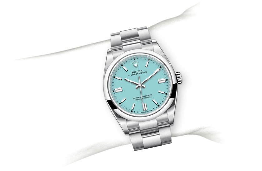 Simulation wrist Rolex Oyster Perpetual 36 Oystersteel and blue dial Turquoise in Relojería Alemana