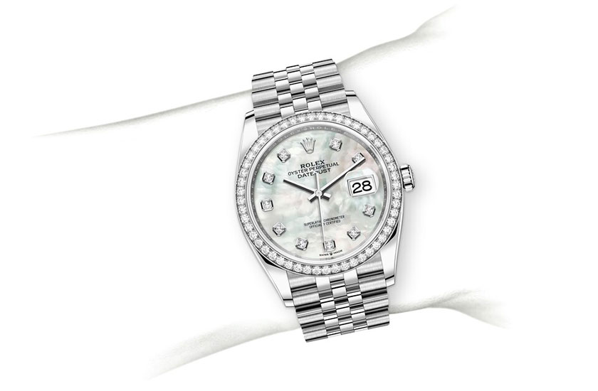 Simulation wrist Rolex Datejust 36 Oystersteel, white gold, diamonds and White White mother-of-pearl dial set with diamonds in Relojería Alemana