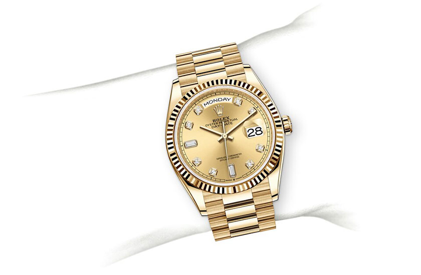 Simulation wrist Rolex Day-Date 36 yellow gold and champagne-colour dial set with diamonds in Relojería Alemana