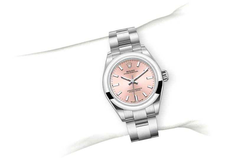 Simulation wrist Rolex Oyster Perpetual 28 Oystersteel and pink dial in Relojería Alemana