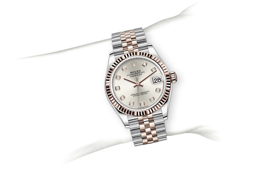 Simulation wrist Rolex Datejust 31 Oystersteel, Everose gold and silver dial set with diamonds in Relojería Alemana